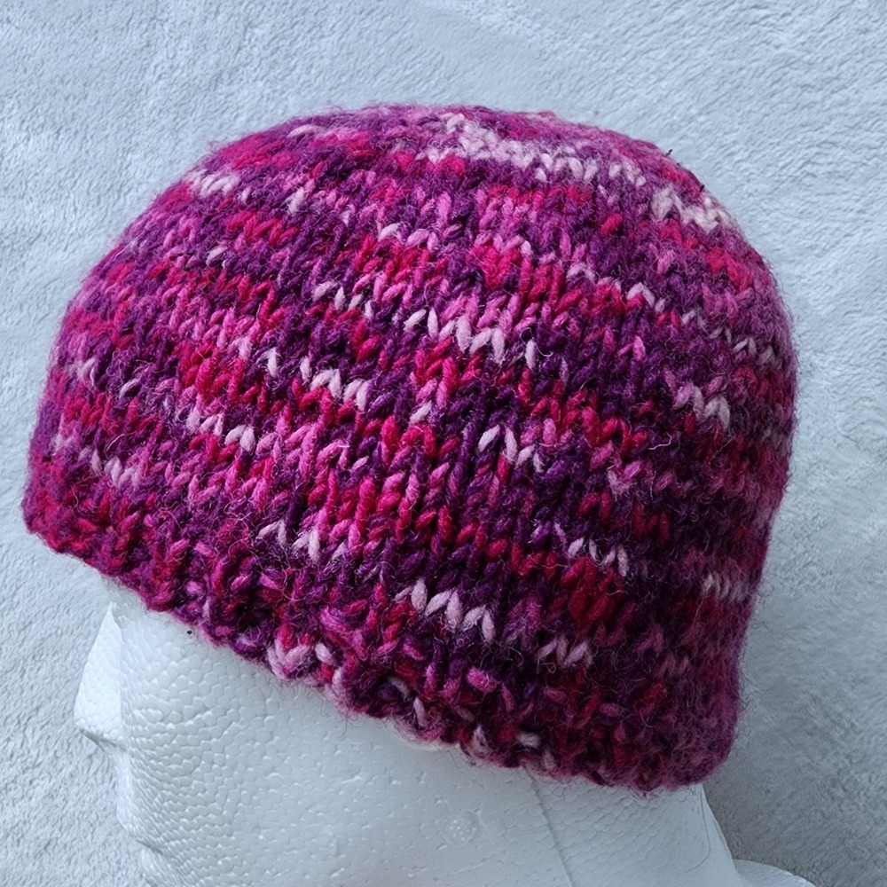100% Wool Beanie Hat Pink Purple Yarn Fleece Lined Hand Knit‎ Winter Cap Adult M